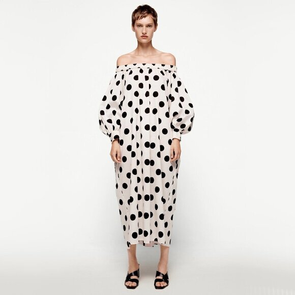 NWT Zara off-white ecru and black polka dot dress, S - Picture 2 of 15